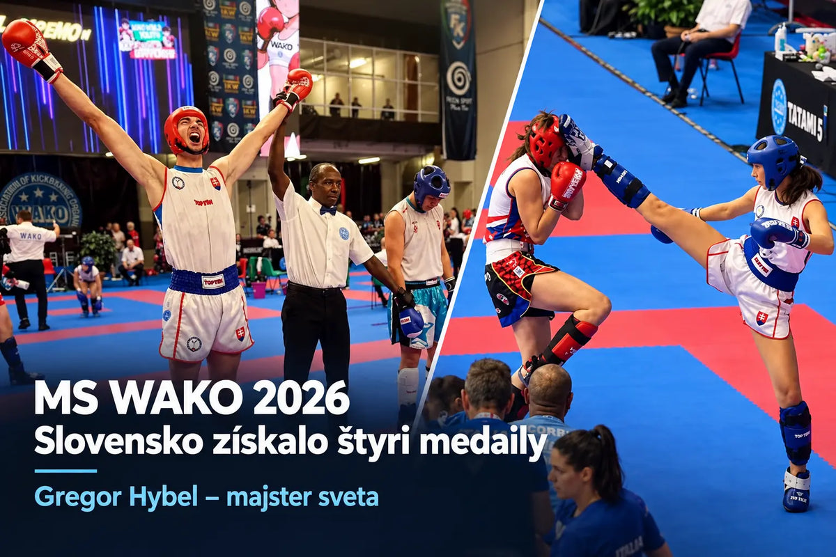 Slovenský kickboxer oslavuje víťazstvo na MS WAKO 2026, vedľa neho zápasia dve kickboxerky.
