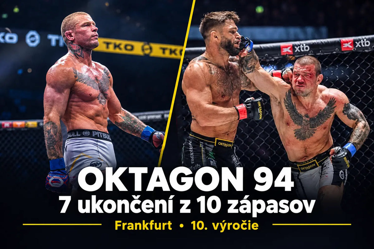 Koláž z turnaja OKTAGON 94 vo Frankfurte, bojovník v klietke a úderová výmena dvoch zápasníkov.